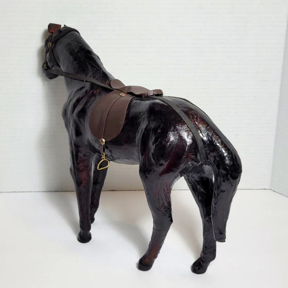 Vintage Brown Leather Wrapped Horse Statue Figure With Saddle - Picture 6 of 12